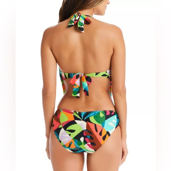 Bar III One Piece Swimsuit Green/Pink Printed Plunge Neck Halter Draped | NEW!🩵 - Picture 2 of 11